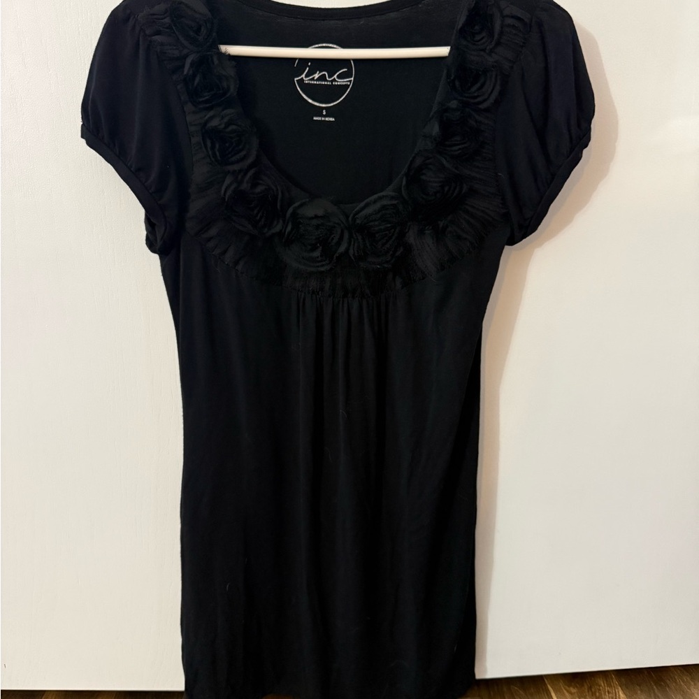 INC International Concepts Black Floral Rosette Scoop Neck Tunic